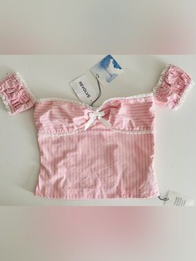 REVOLVE MAJORELLE - Pink Stripe Off-Shoulder Bow Tie Crop Top